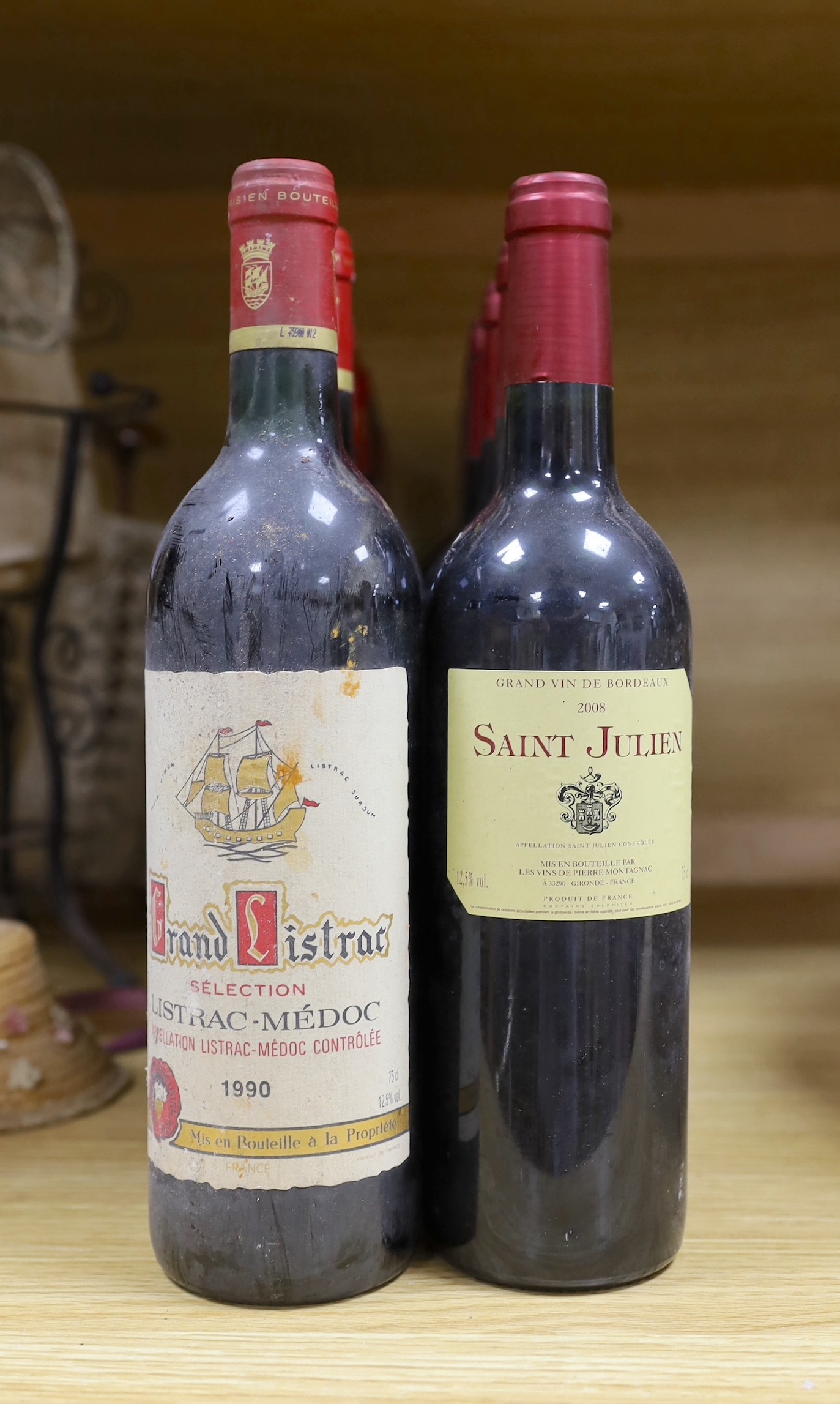 Eighteen bottles of assorted red wine, to include five Saint Julien 2008, three Grand Listrac 1990, two Rosso di Montalcino 1995, and others